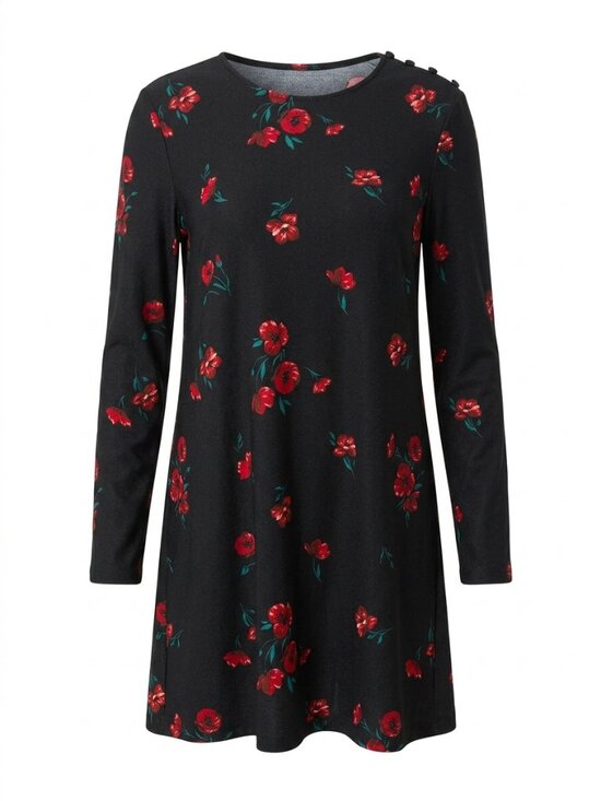 Mango Dresses & Skirts - Mango Black Floral Dress Red Flower Print Round Neck Short Sleeve Size 6 Small